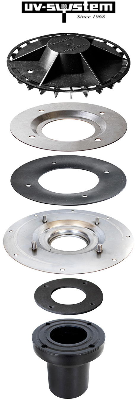 Sapoflow Siphonic Drainage Unit separated into 6 pieces.