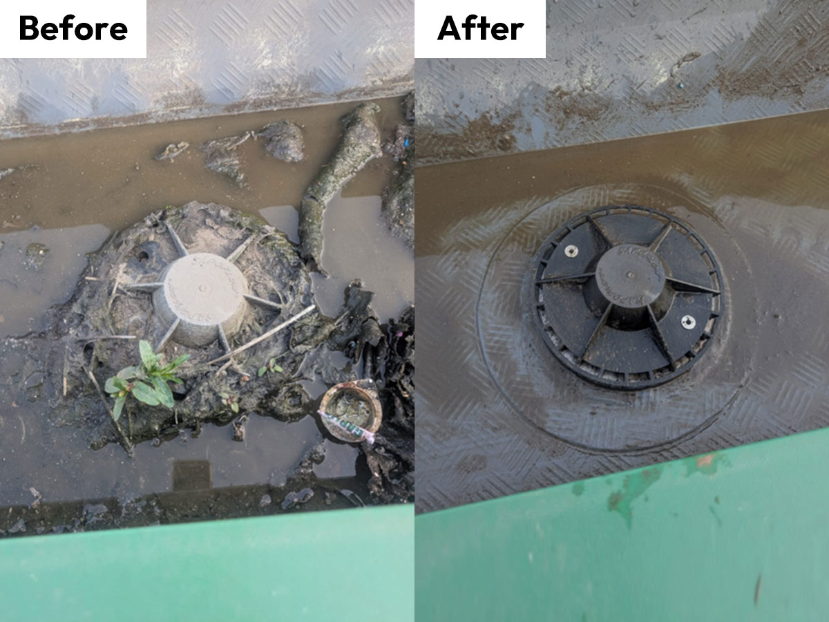 A before and after photo showing the difference that maintaining gutters and outlets can make for siphonic drainage.