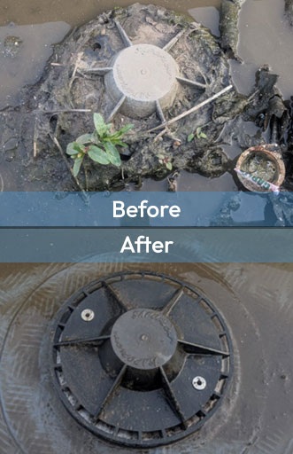 A before and after photo showing the difference that maintaining gutters and outlets can make for siphonic drainage.